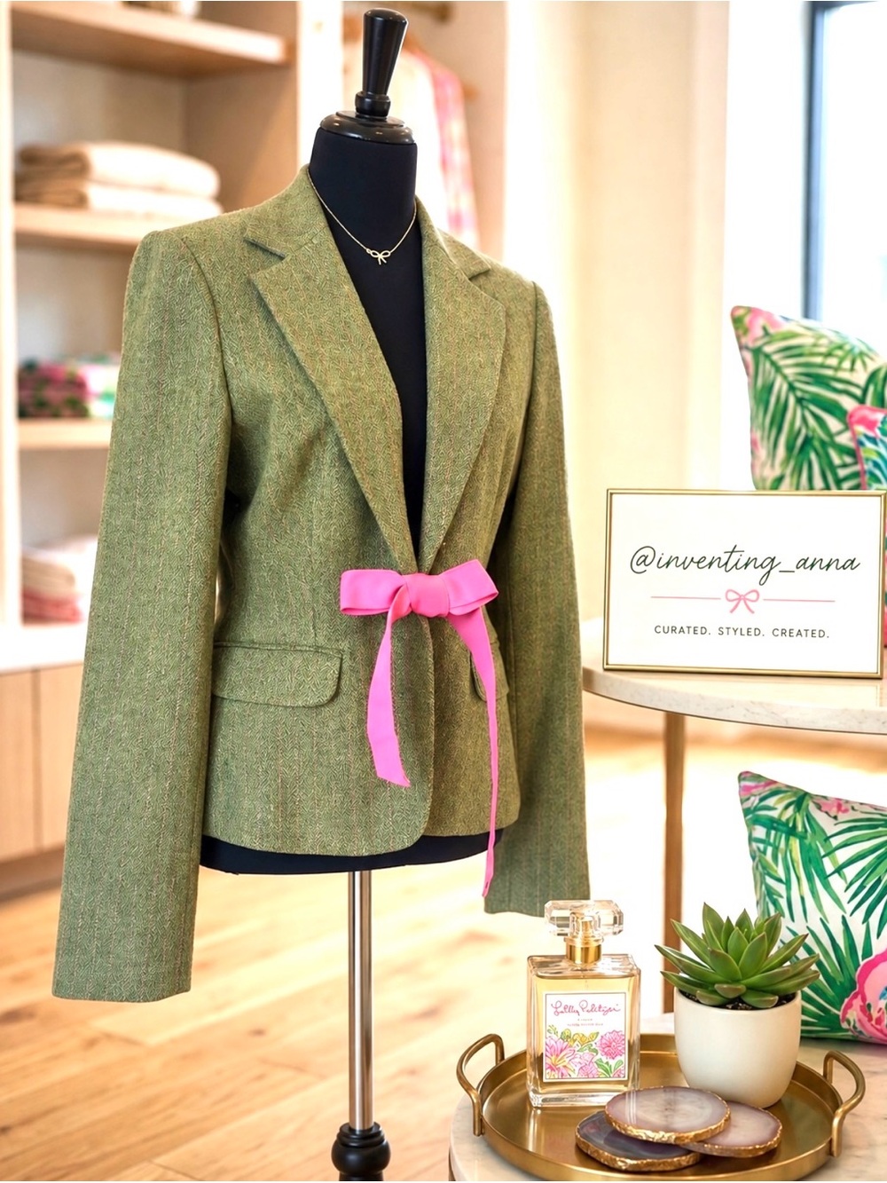 LILLY PULITZER military green tweed style pink pinstripe long sleeve jacket